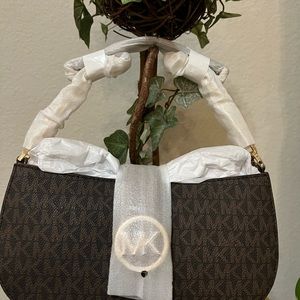 Michael Kors Carmen Pouchette Small Shoulder Brown Bag.